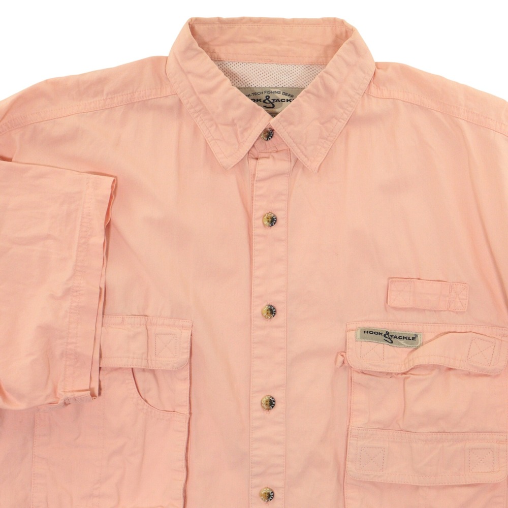 Hook & Tackle Fishing Shirt Short Sleeve Utility Pocket Peach Cotton Men L